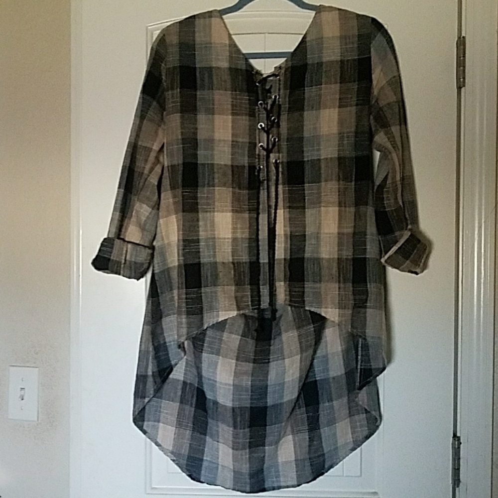 Plaid High Low Lace Up Tunic